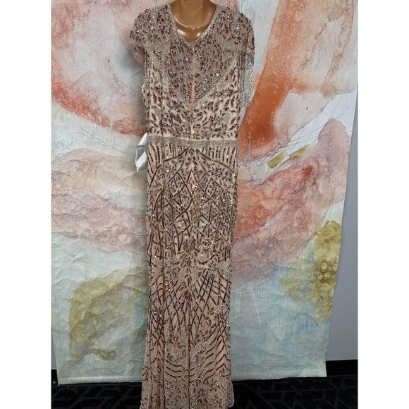 Mac Duggal Embellished Fringe Cap Sleeve Trumpet Gown In Platinum - Picture 9 of 10